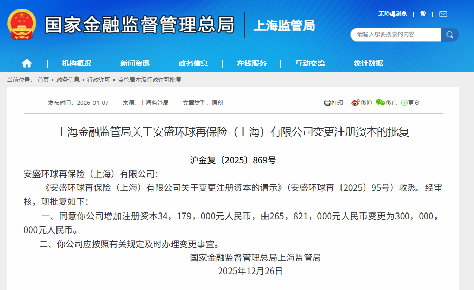 安盛环球再保险（上海）增资获批