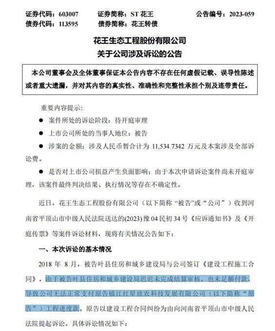 ST花王：法院裁定受理公司重整 公司股票将被实施退市风险警示